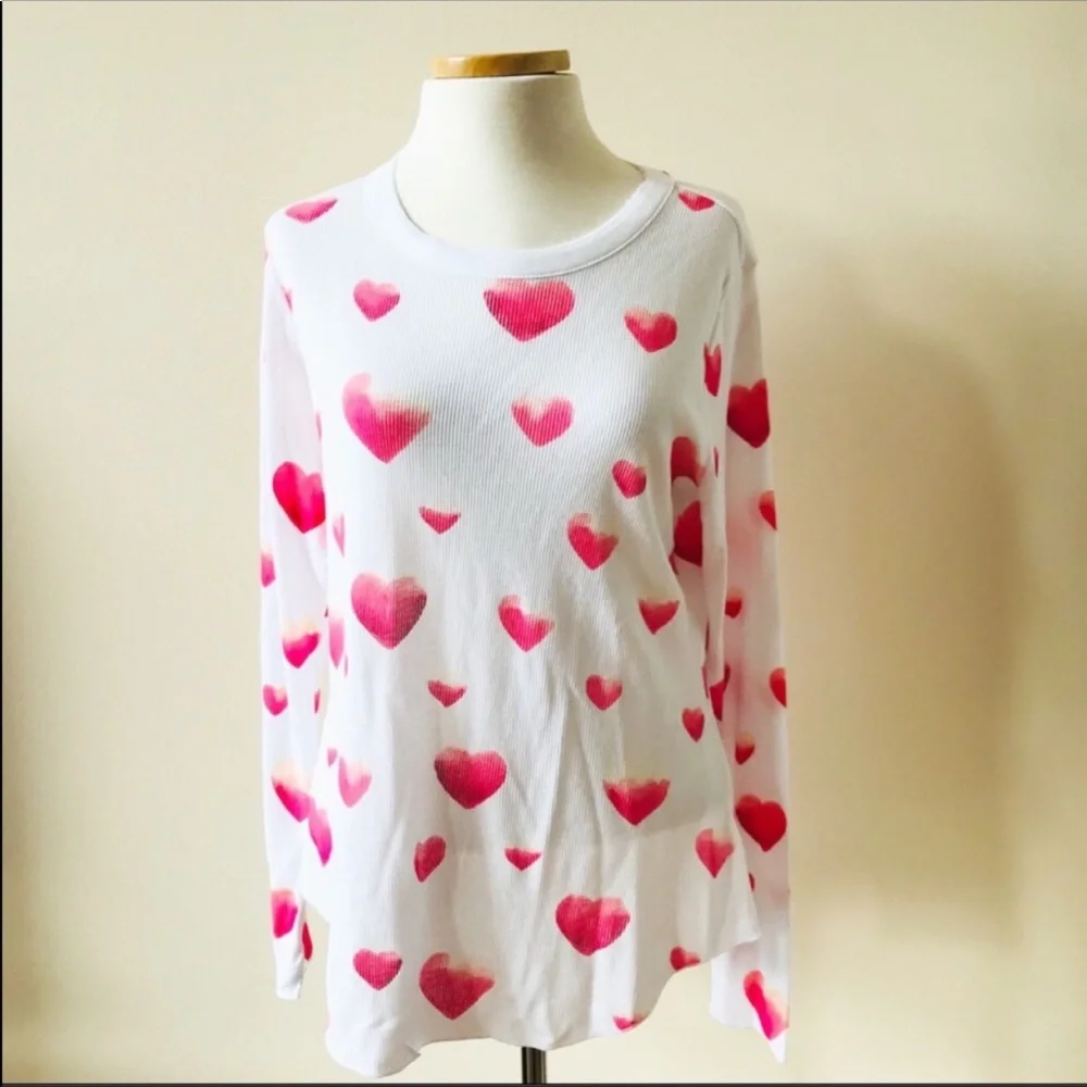 NWT Chaser White with Pink Ombré Hearts Thermal Knit Crew Neck Long Sleeve Shirt - Picture 3 of 15
